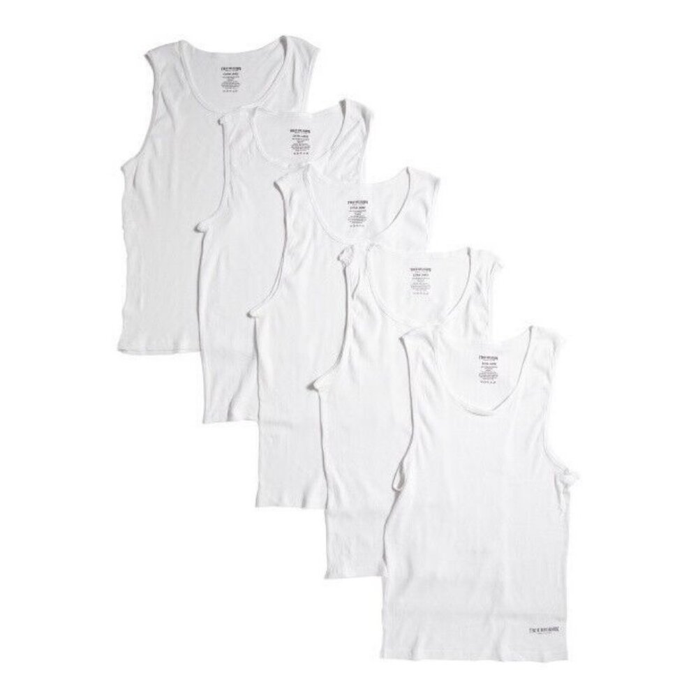 TRUE RELIGION 5 Pack Tank Tops Cotton Logo Ribbed White Men's LARGE - Picture 3 of 4